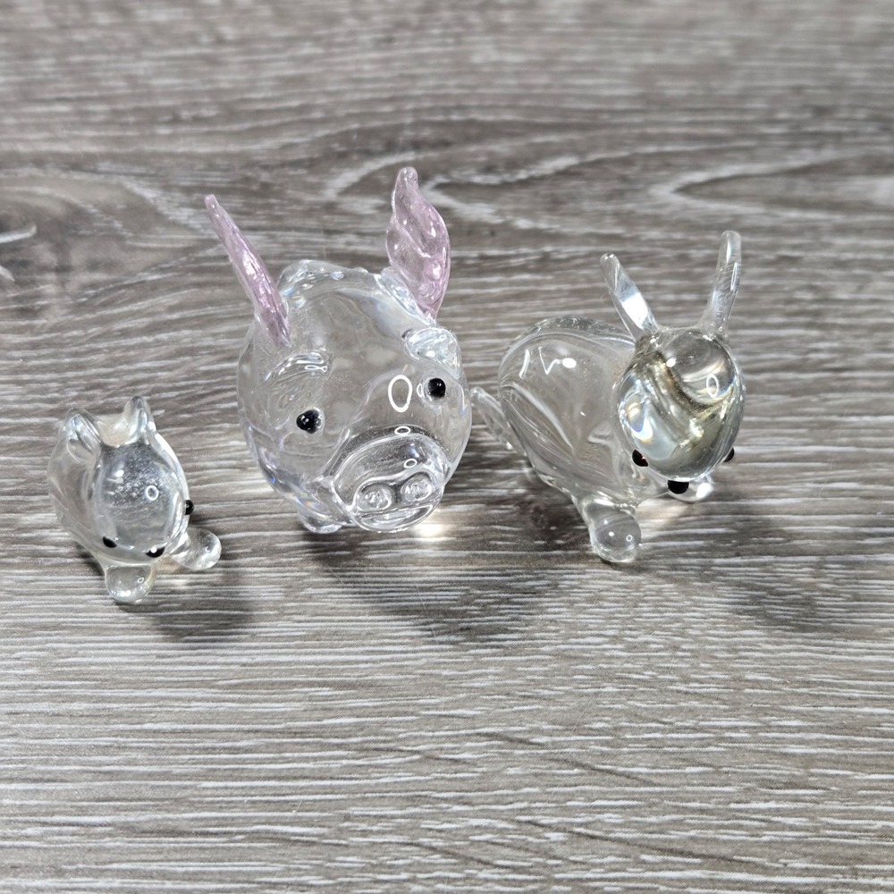 Hand Blown Glass Animal Figurines Mini Clear Pig Bunny Set of 3 Collectible Deco